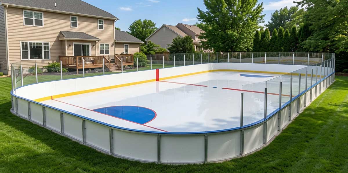 Backyard synthetic ice rink installed behind a family home