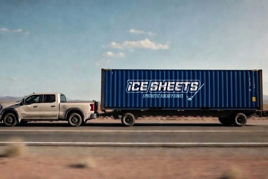 Ice Sheets crew installing a mobile synthetic ice rink
