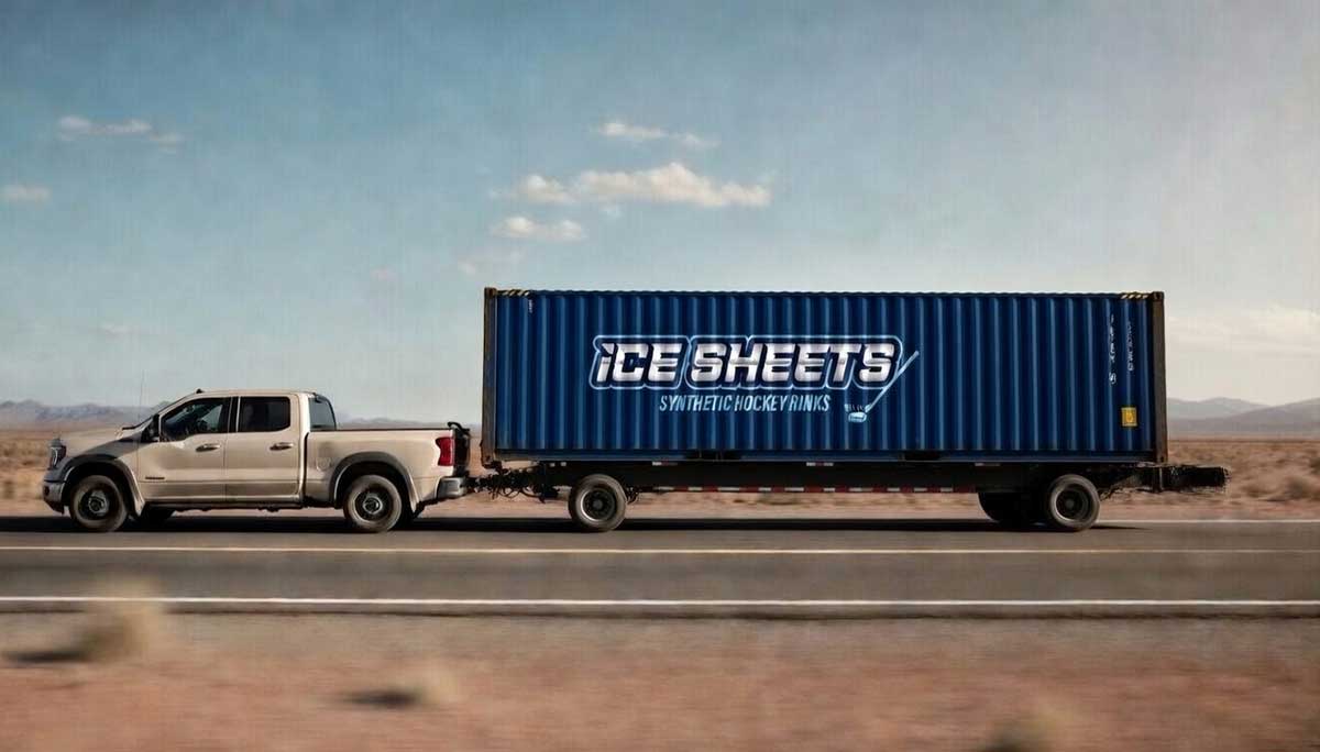 Ice Sheets branded truck arriving with the Ice Breaker mobile rink
